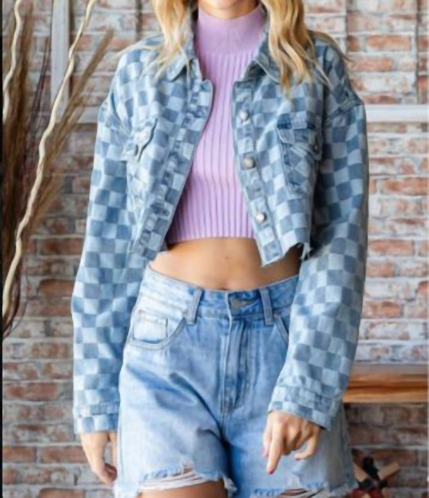 Veveret - Denim Check Print Crop Shirt Jacket