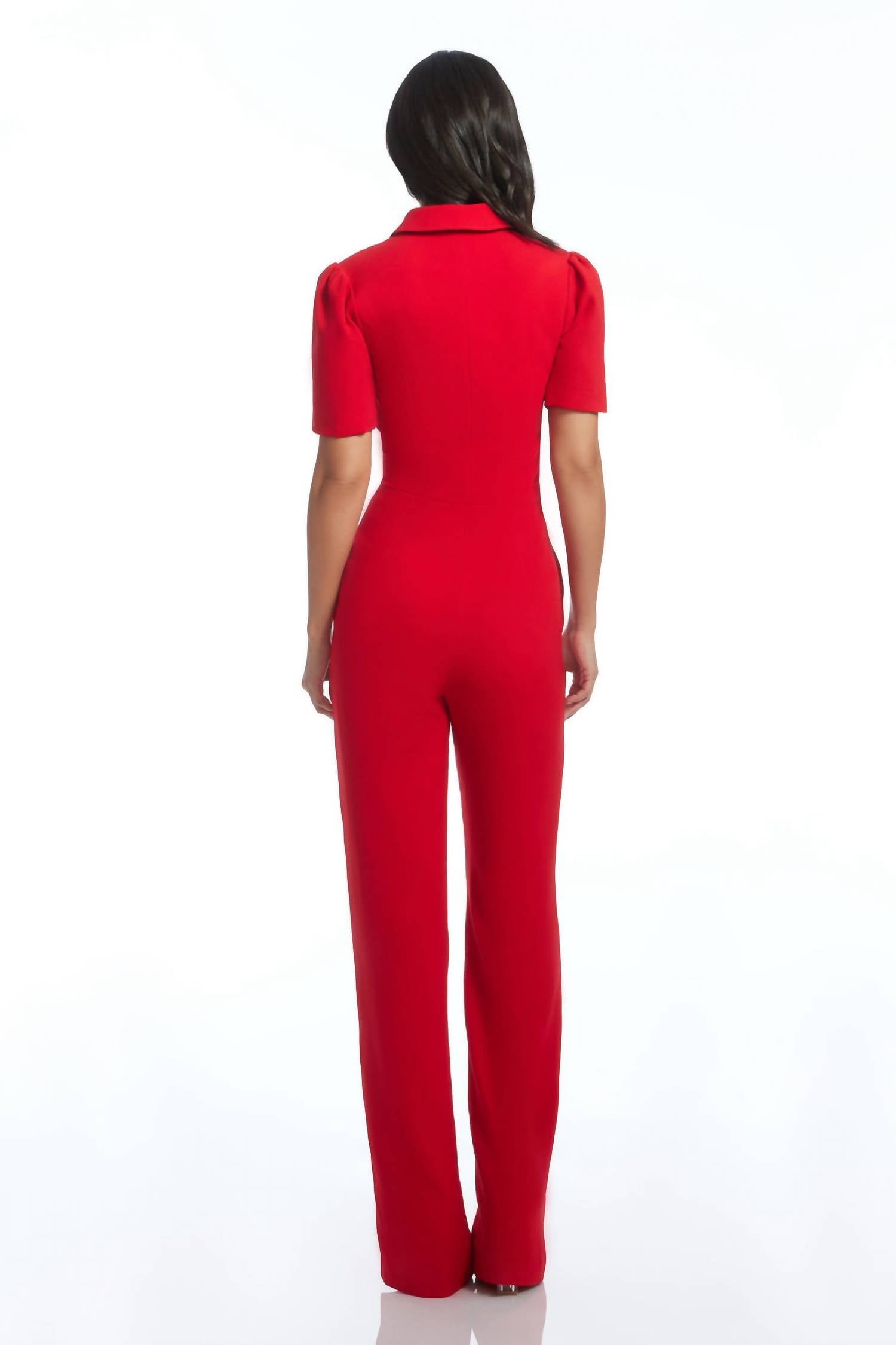 DRESS THE POPULATION Gloria Rouge Wide Leg Puff Sleeve Jumpsuit in red - women's pants - detail view