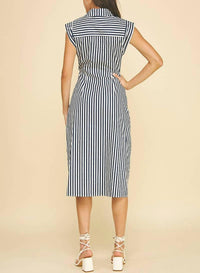 PINCH Women's Striped Button Down Midi Dress in navy white - women's dress - detail view