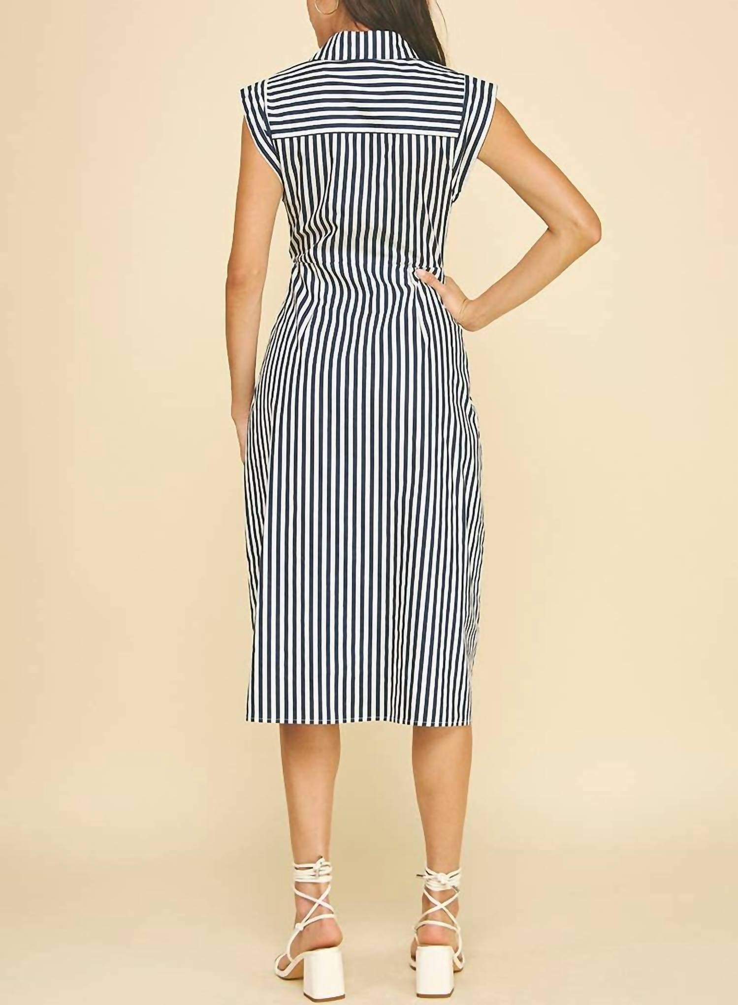PINCH Women's Striped Button Down Midi Dress in navy white - women's dress - detail view