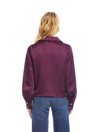 Karen Kane Satin Tie Front Top in eggplant - women's blouse - detail view