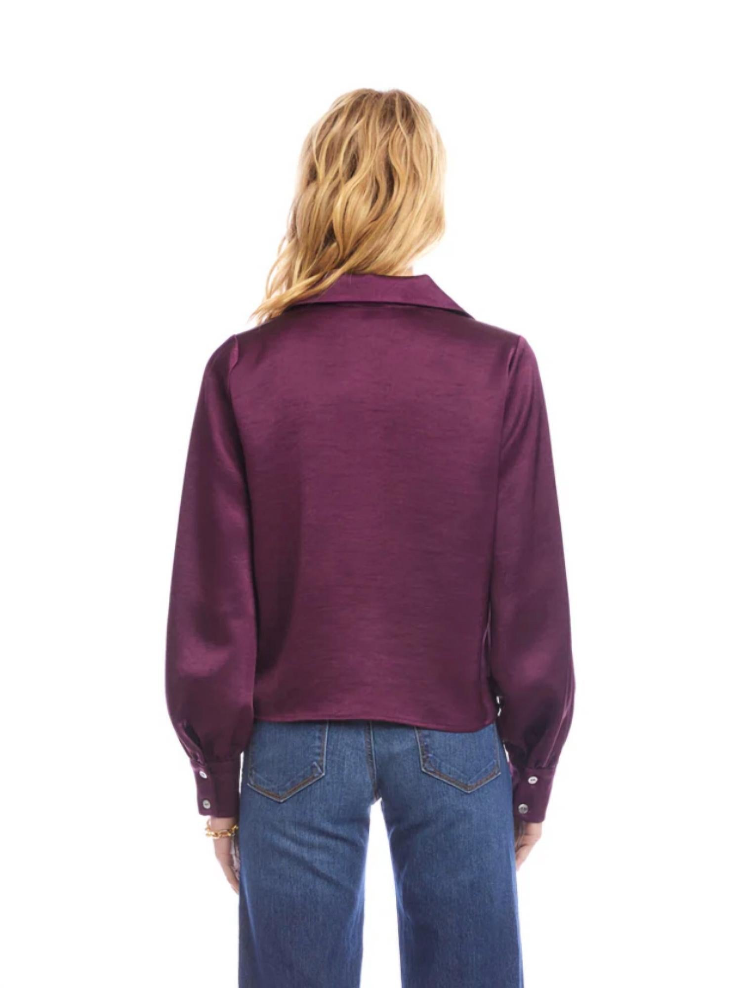 Karen Kane Satin Tie Front Top in eggplant - women's blouse - detail view