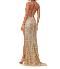 ASHLEYlauren Sweetheart Sequin Gown With Slit in gold - women's dress - detail view