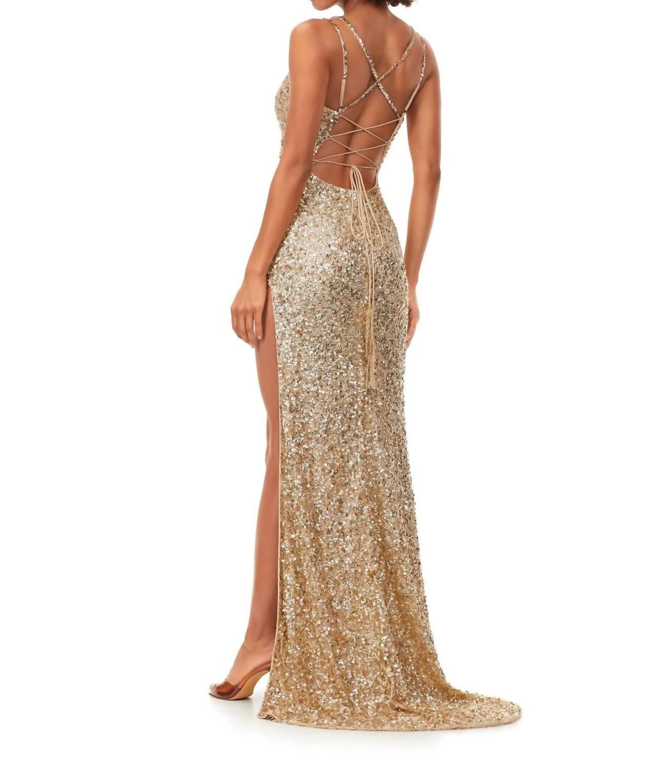 ASHLEYlauren Sweetheart Sequin Gown With Slit in gold - women's dress - detail view