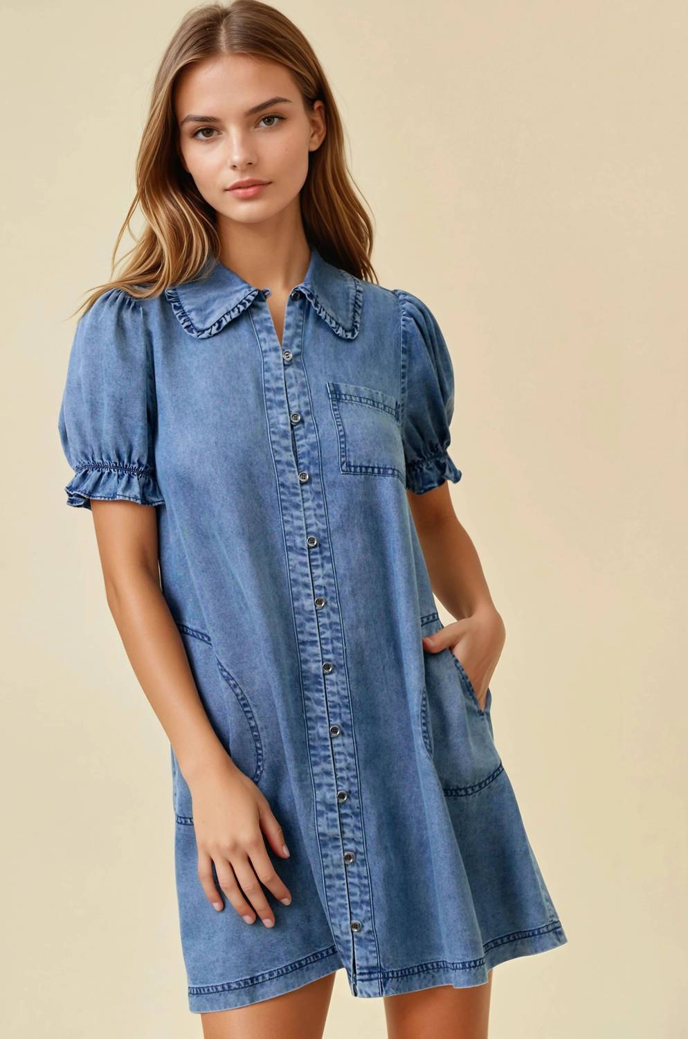 Doe And Rae - Denim Ruffle Mini Dress