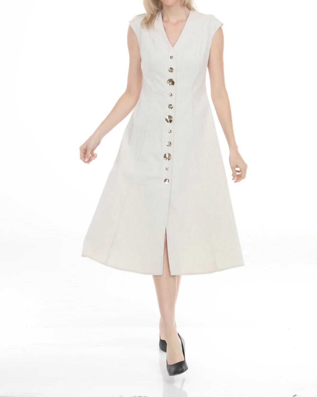 Joseph Ribkoff - Button Front V-neck Midi A-line Dress