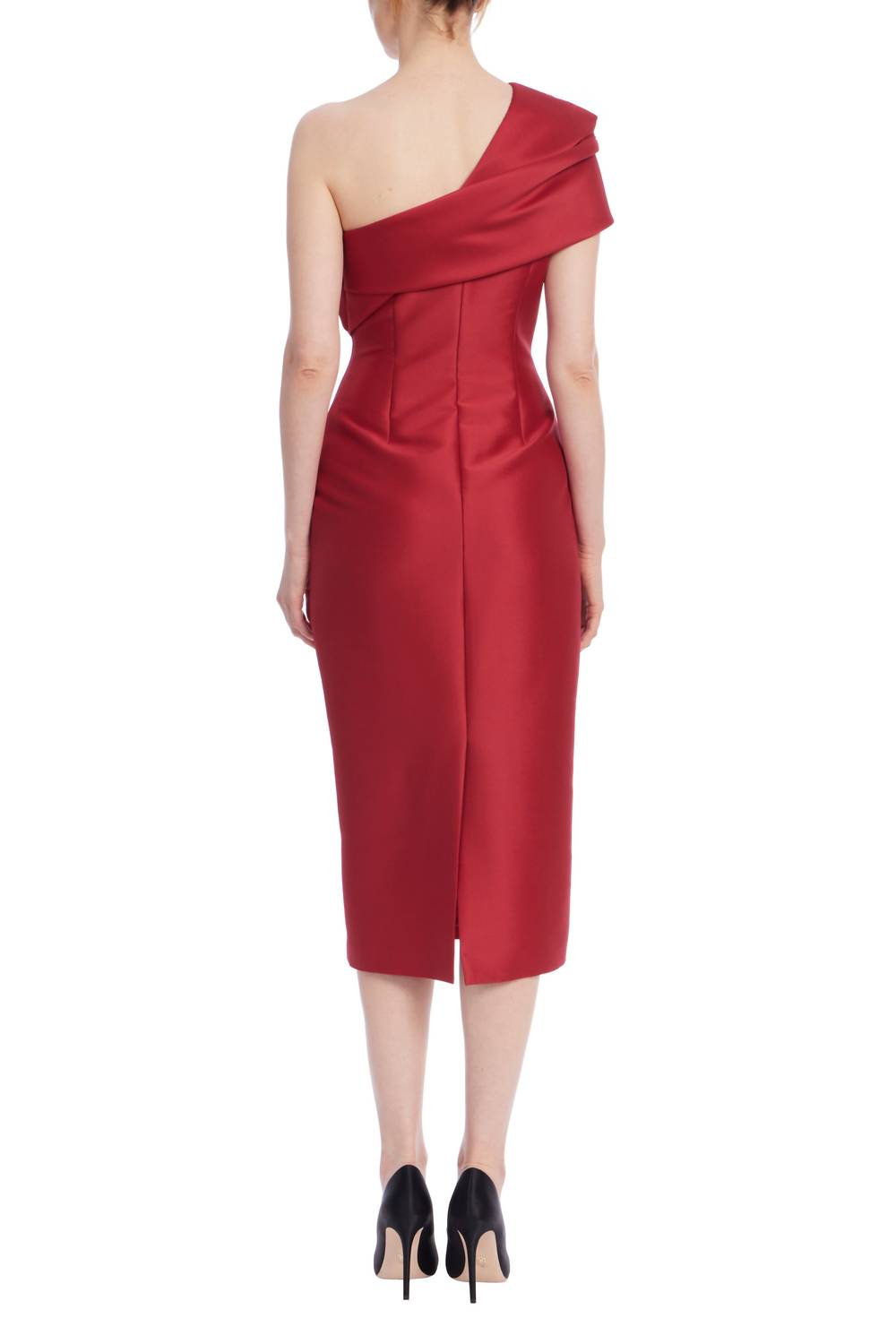 Badgley Mischka - Asymmetrical Neckline Drapes Over Midi Dress