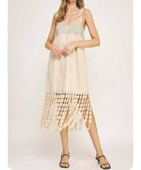 Strut & Bolt Rosemary Dotted Lace Fringe Linen Dress in beige - women's dress
