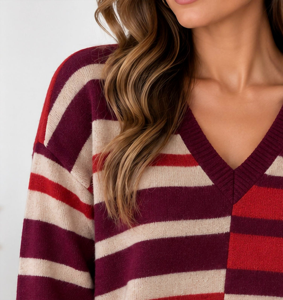 Minnie Rose - Multi-colored Striped V-neck Knit Sweater