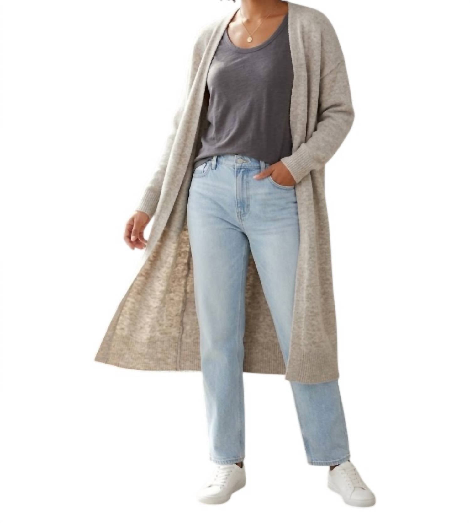 Things Between Long Open Front Cardigan in heather stone - women's cardigan
