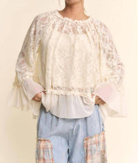 Davi & Dani - Sheer Floral Lace Bell Sleeve Blouse