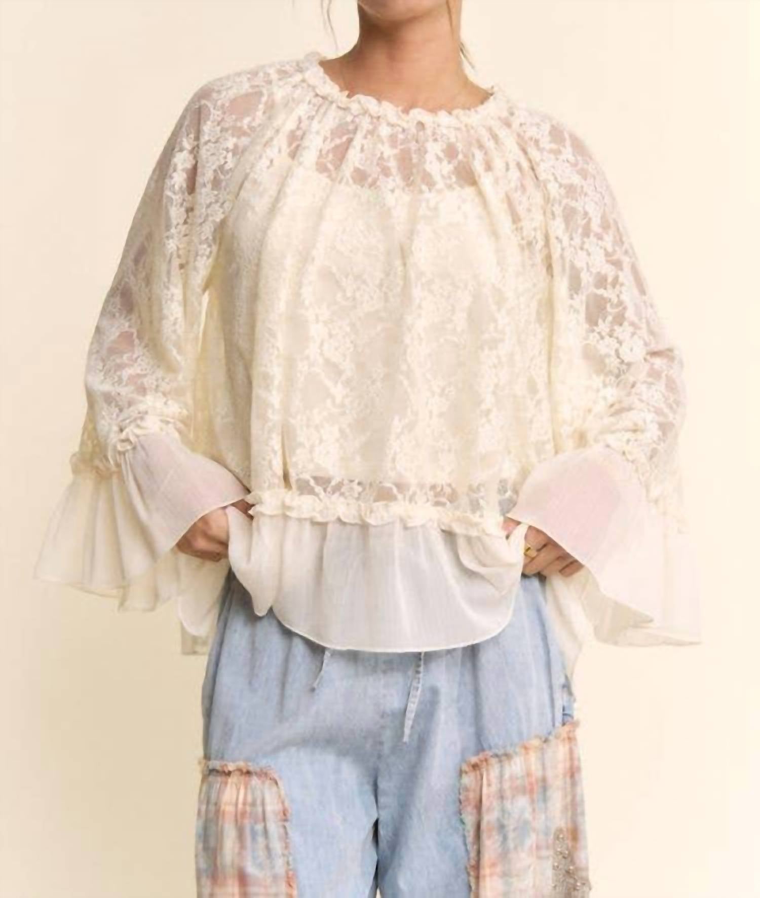 Davi & Dani - Sheer Floral Lace Bell Sleeve Blouse
