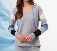 french kyss V-Neck Color Block Hoodie in slate multi - women's top - detail view