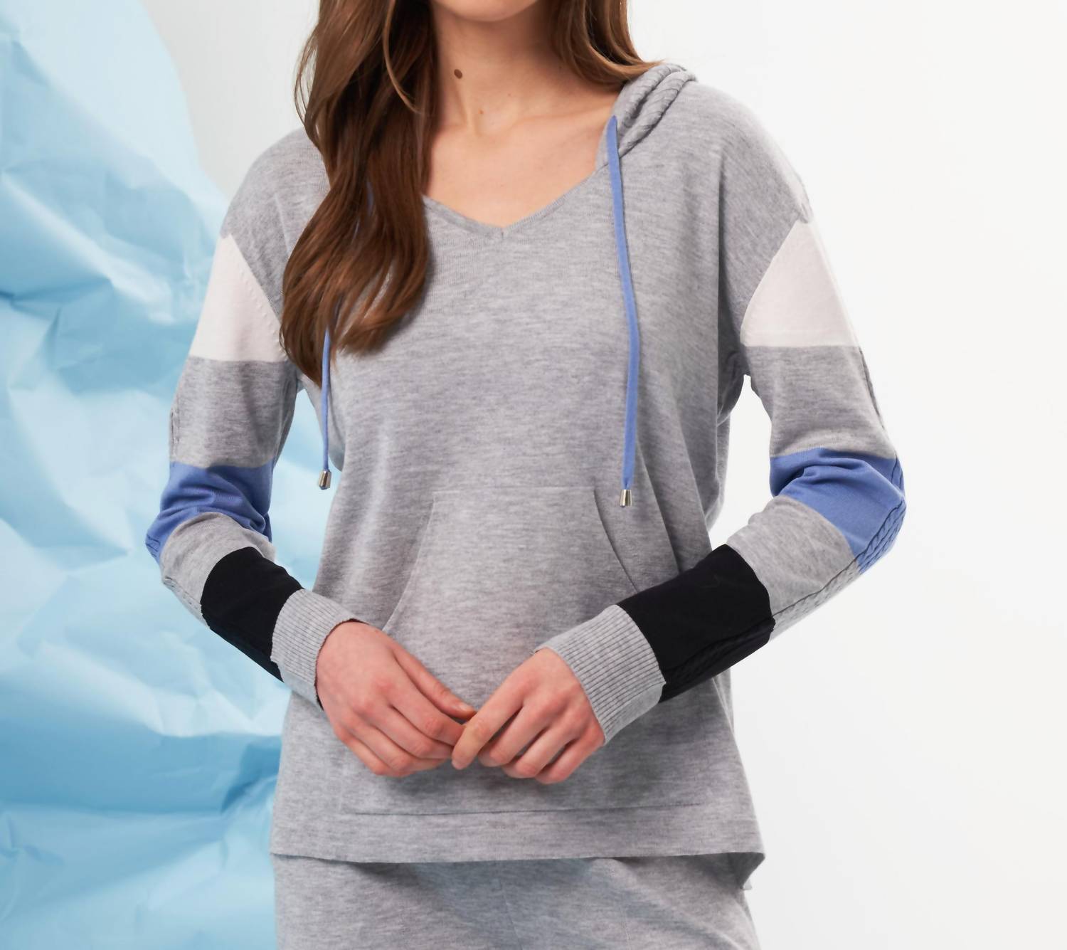 french kyss V-Neck Color Block Hoodie in slate multi - women's top - detail view