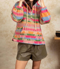 New In - Aztec Print Snap Button Detail Hooded Top
