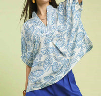 Umgee - Botanical Print Mixed Trim Tunic Top