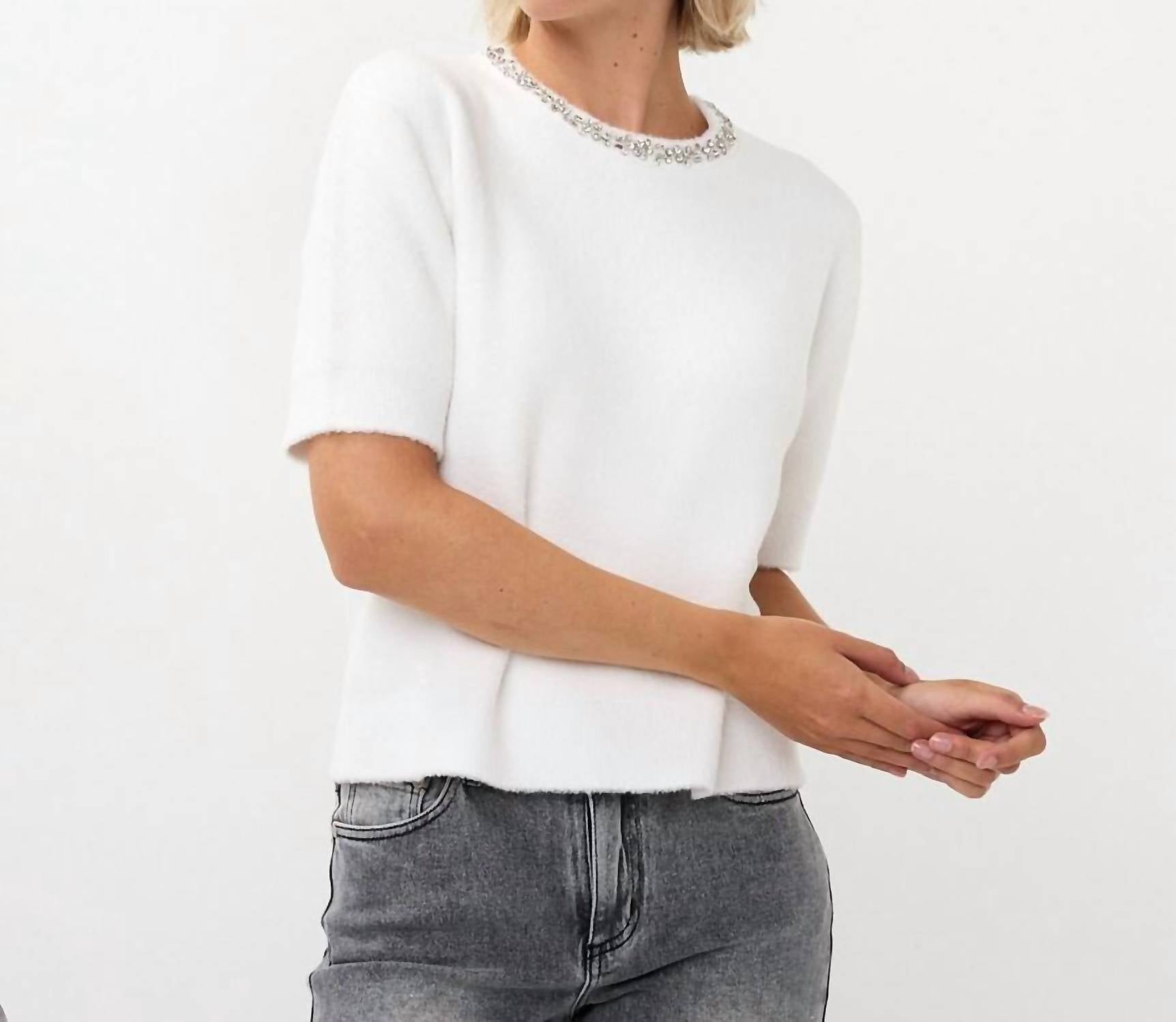 ESQUALO Fredrika Fancy Neck Sweater in off white - women's sweater - detail view