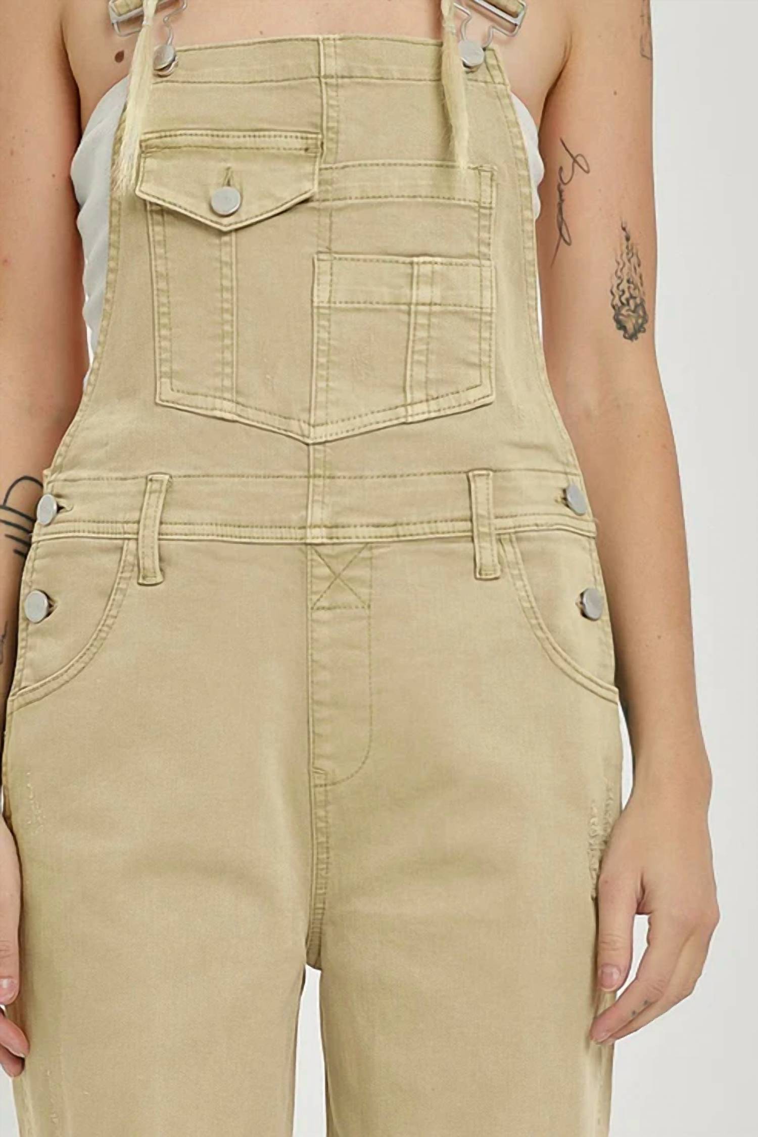 Risen - High Rise Distressed Denim Overalls
