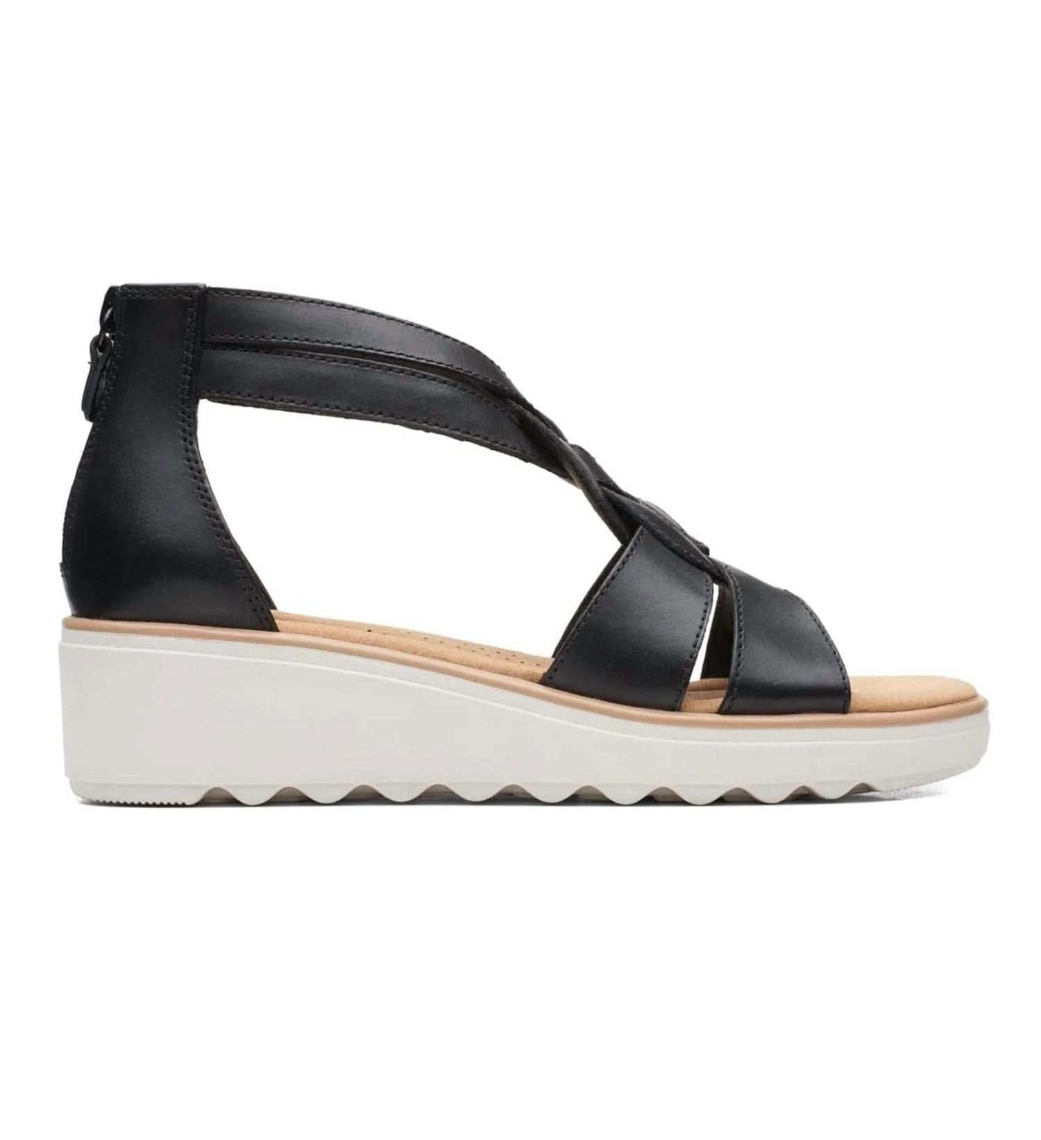 Clarks Women's Jillian Bright Wedge Sandal in black leather - women's sandal - detail view