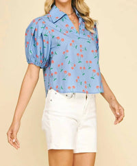 Pinch - Cherry Print Balloon Sleeve Blouse