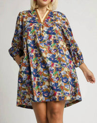 Umgee - Floral V-neck Balloon Sleeve Dress