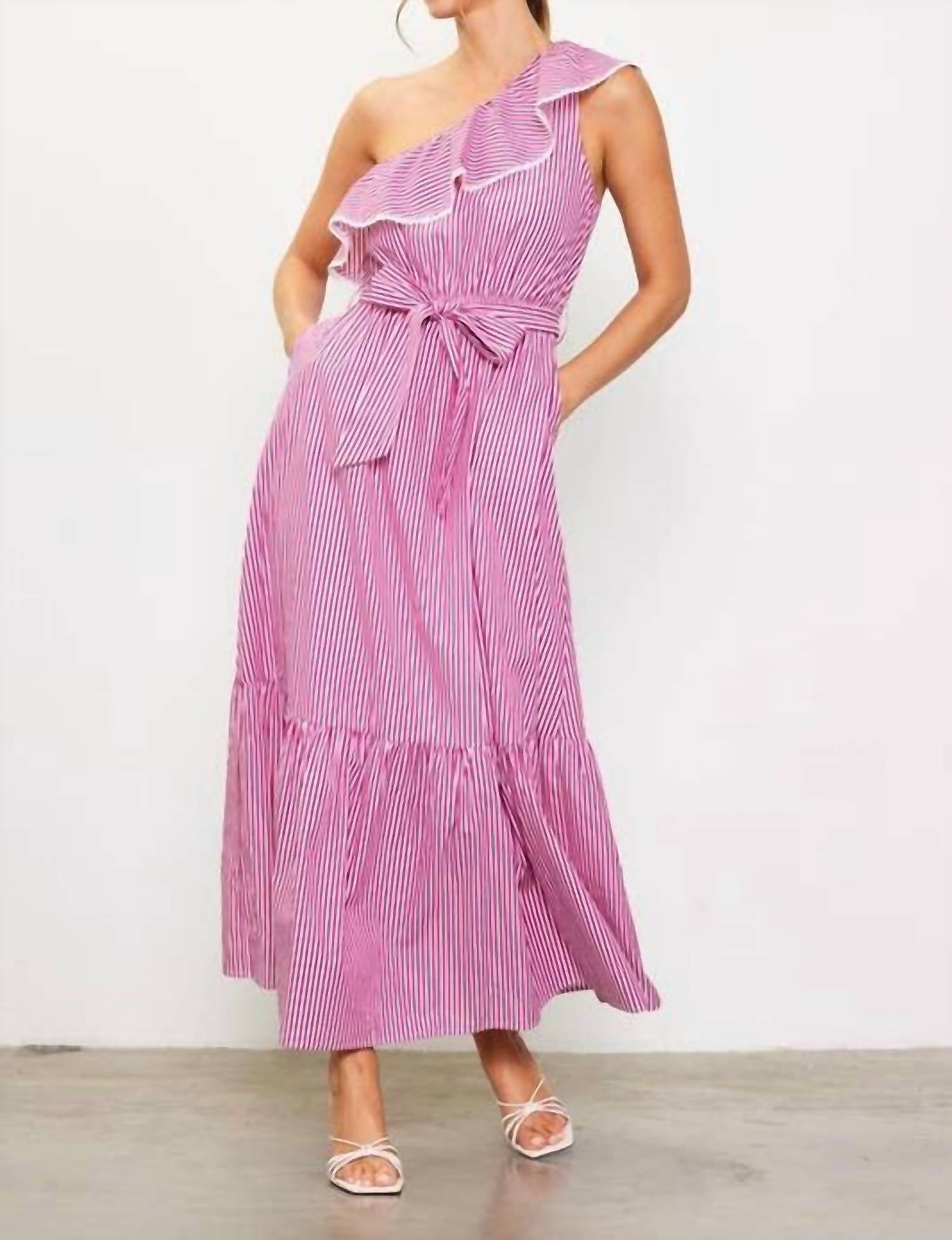 Skies Are Blue - Striped One Shoulder Ruffle Midi Dress