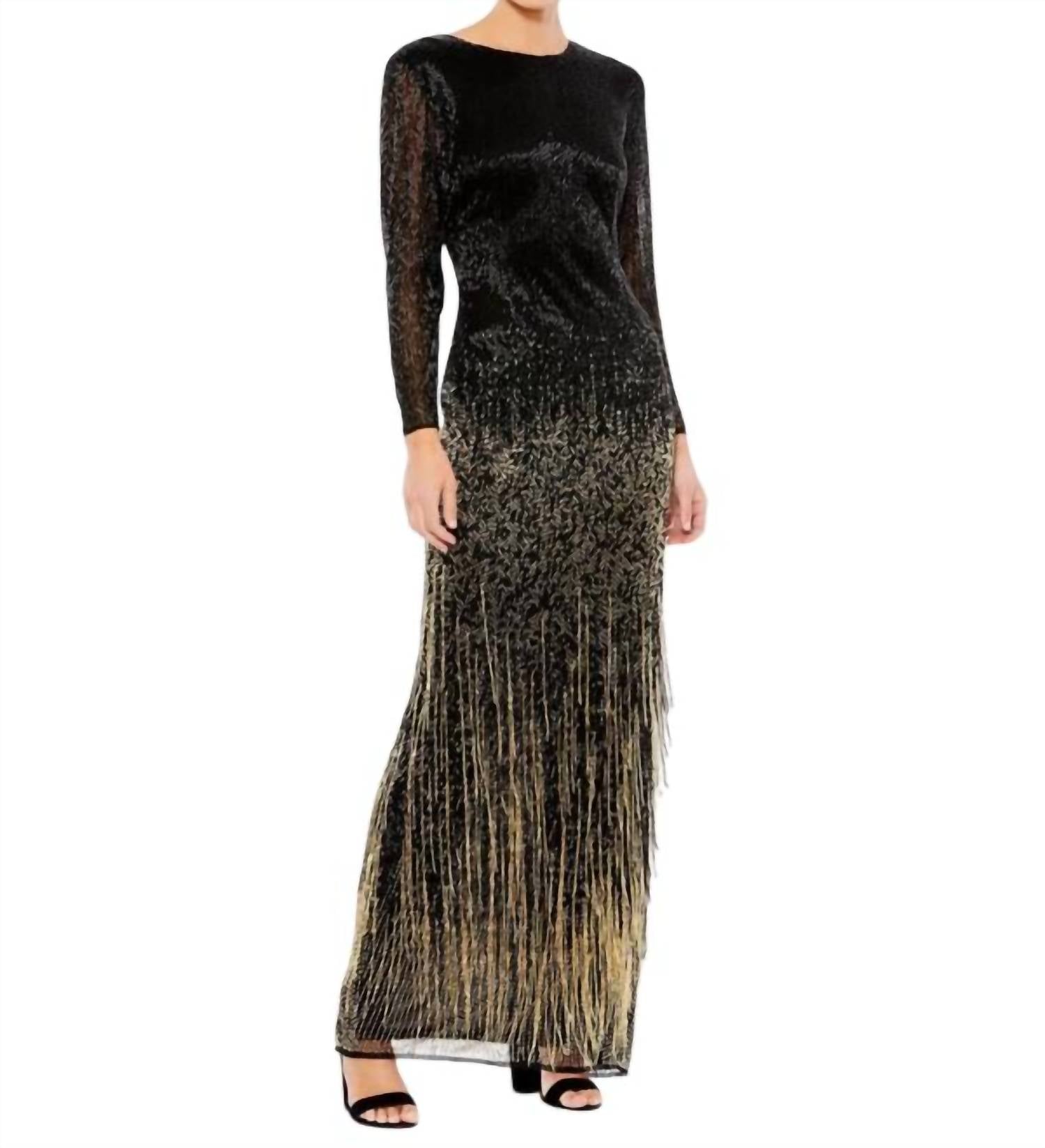 MAC DUGGAL Fringe Skirt Ombre Dress in black gold - women's dress