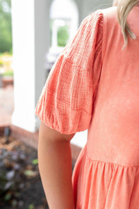 New In Puff Sleeve Dress - Plus in puff sleeve dress plus size in tangerine - women's dress - detail view