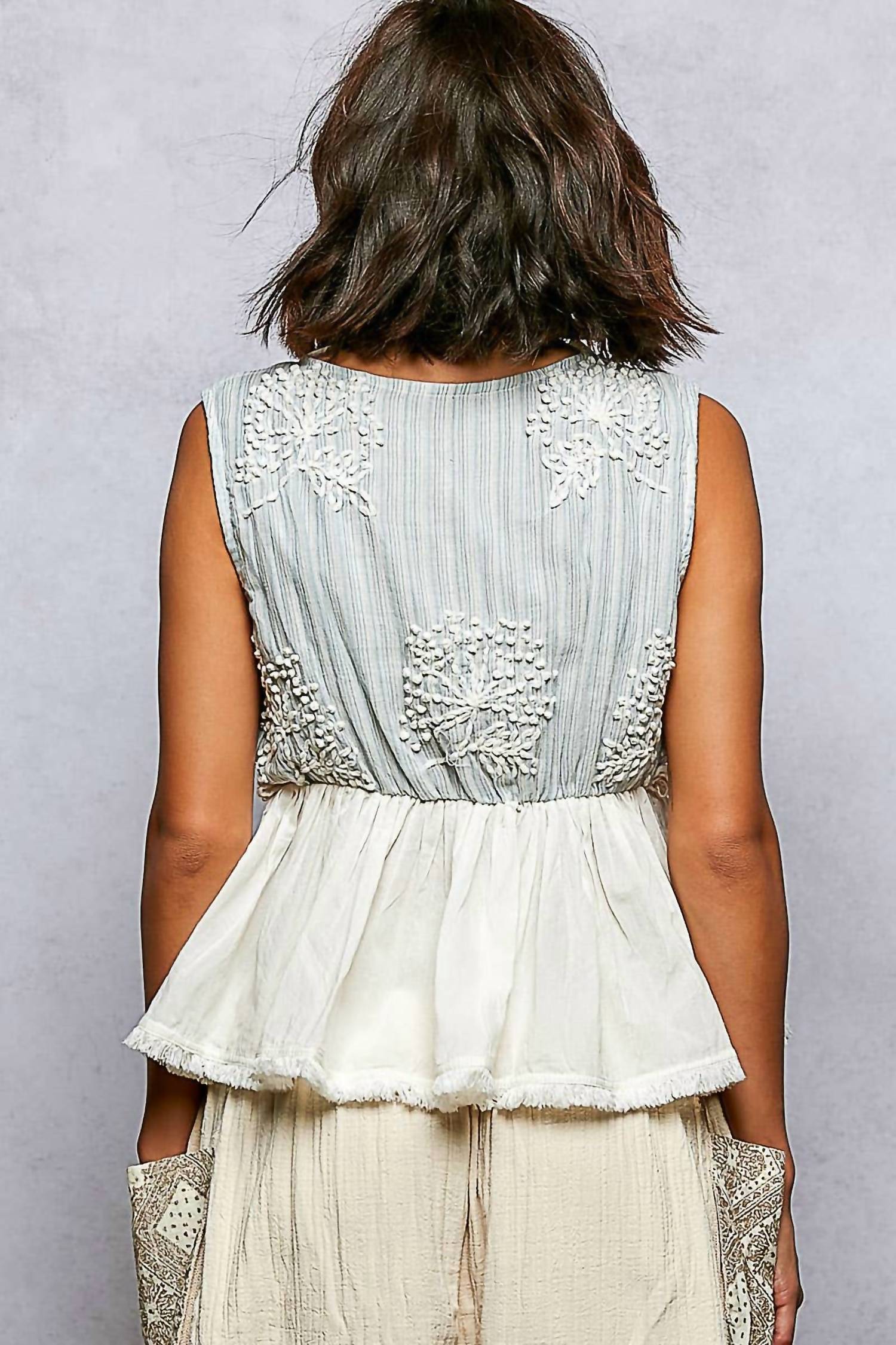 Pol - V-neck Ruffle Embroidery Sleeveless Woven Top
