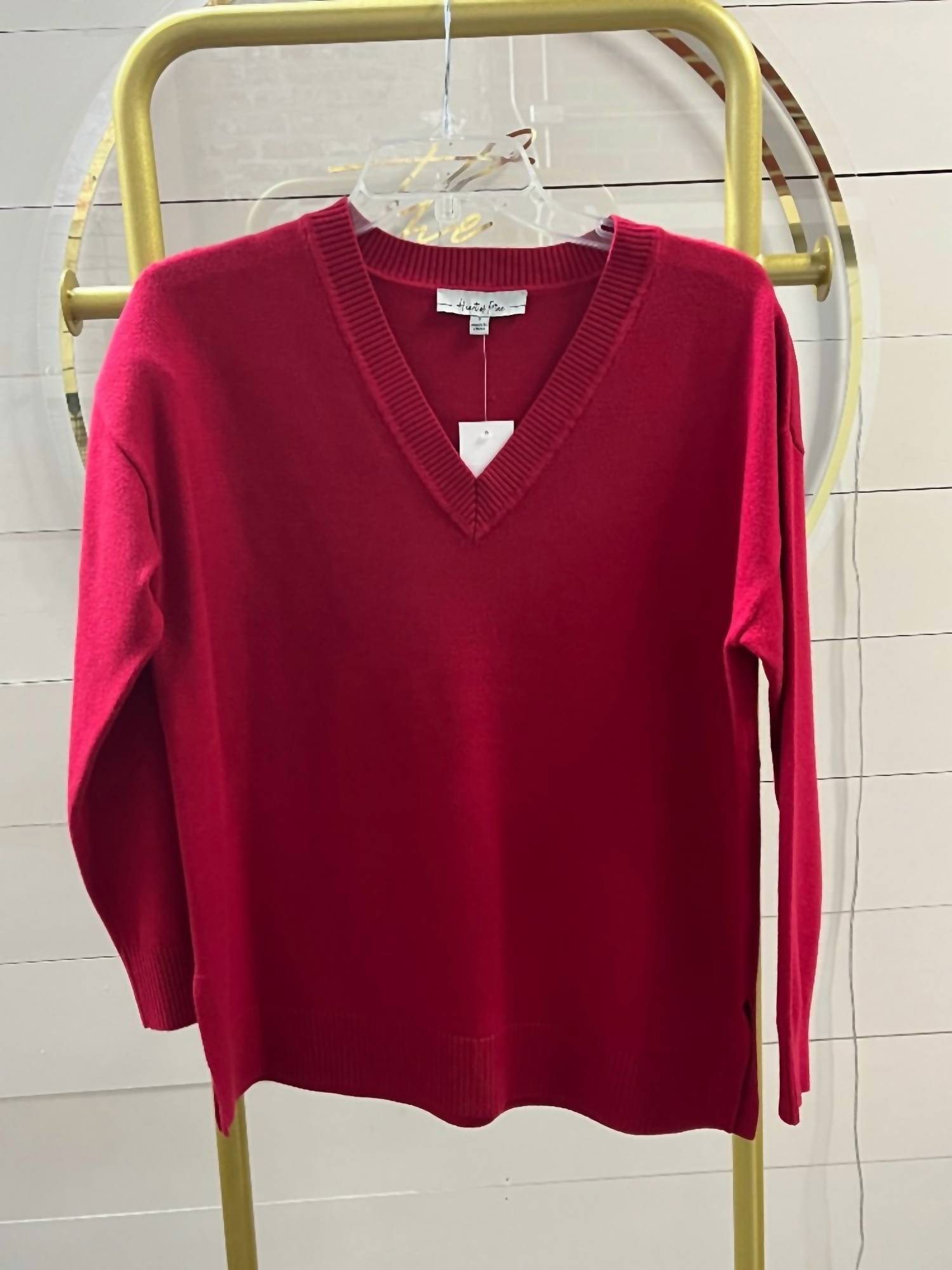 Heart of Pine Women's Jersey Stitch V Neck Sweater in red - women's sweater