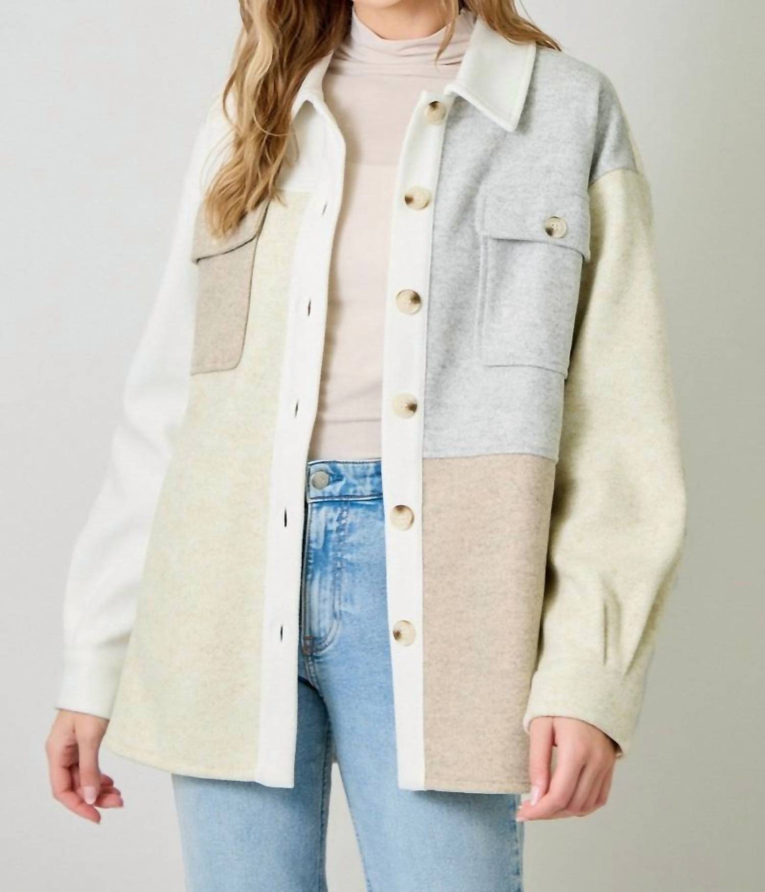mystree Pieced Together Shacket in latte stone - women's jacket