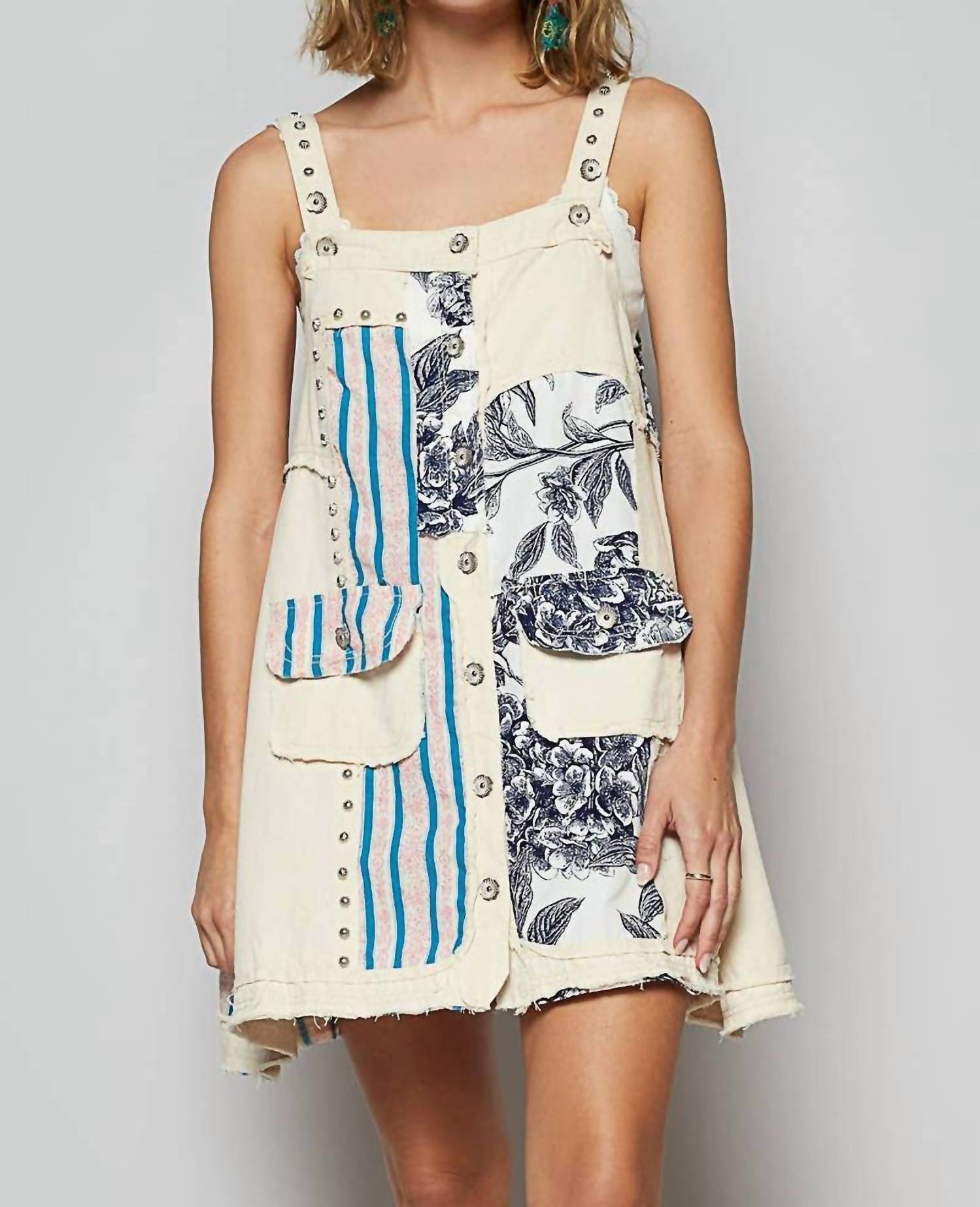 POL Floral Print Contrast Twill Mini Dress in oatmilk - women's dress
