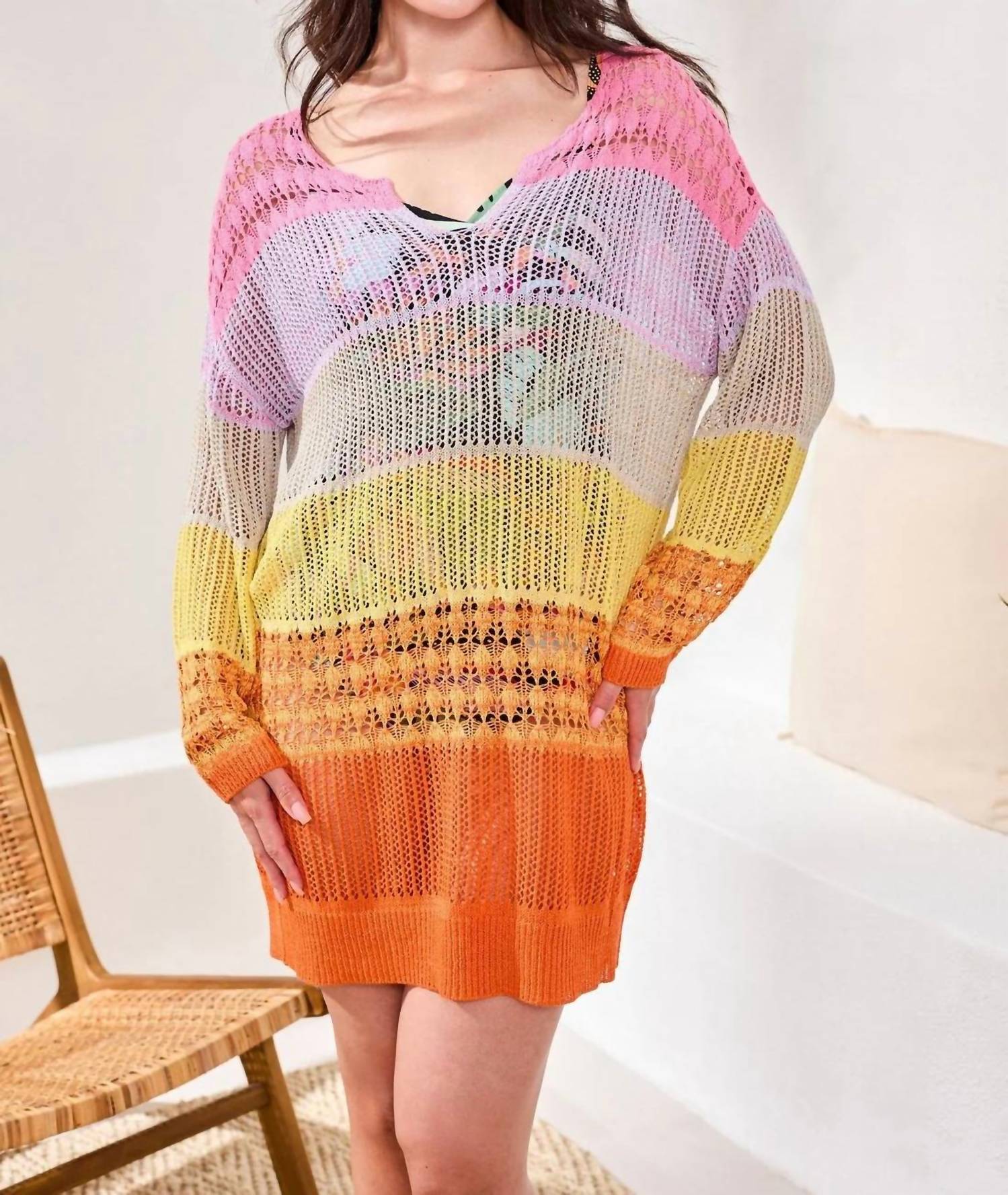 Tribal - Ombré Stripe Openwork Cover-up Mini Dress