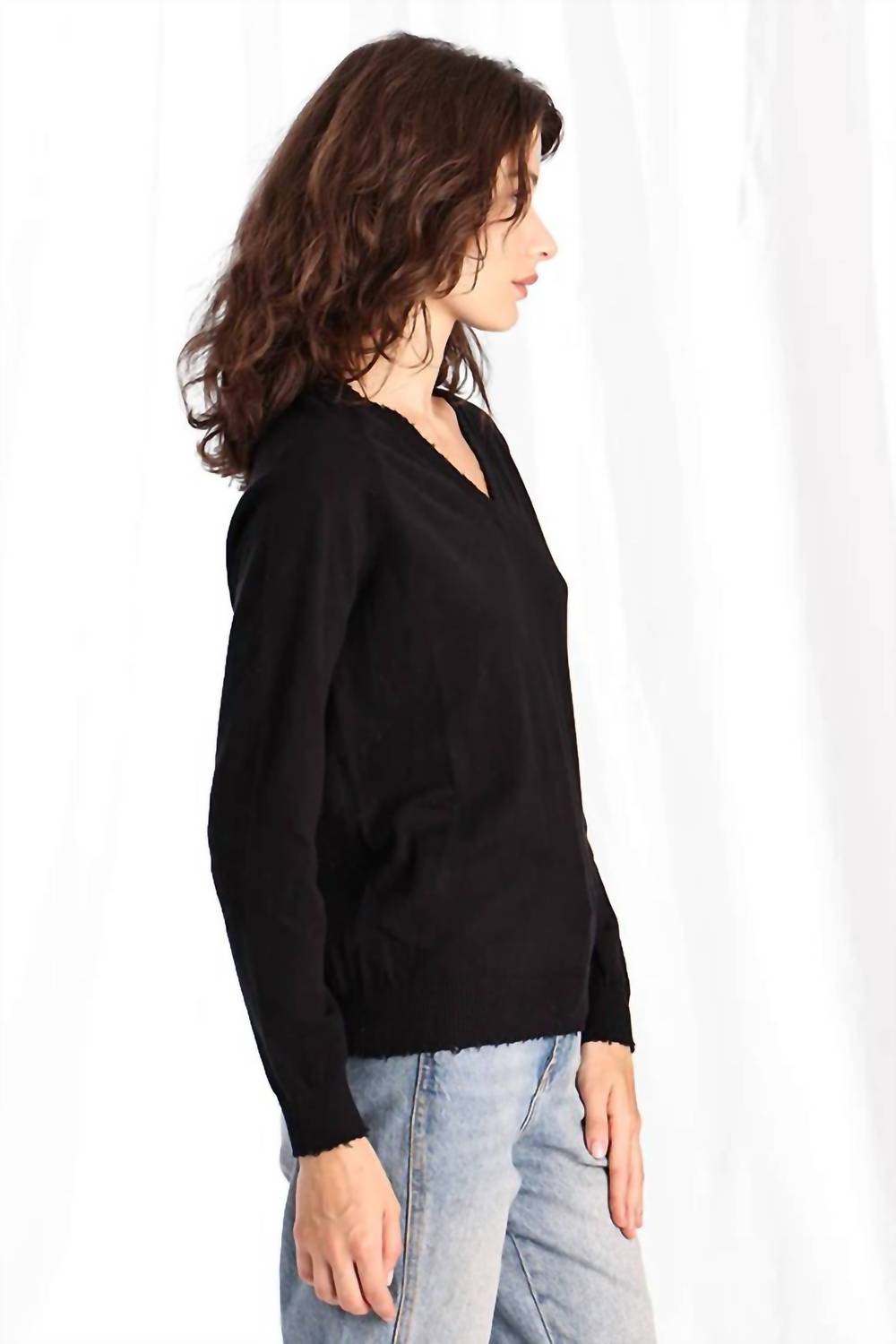Minnie Rose - Cotton Cashmere Frayed Edge V-neck Sweater Top