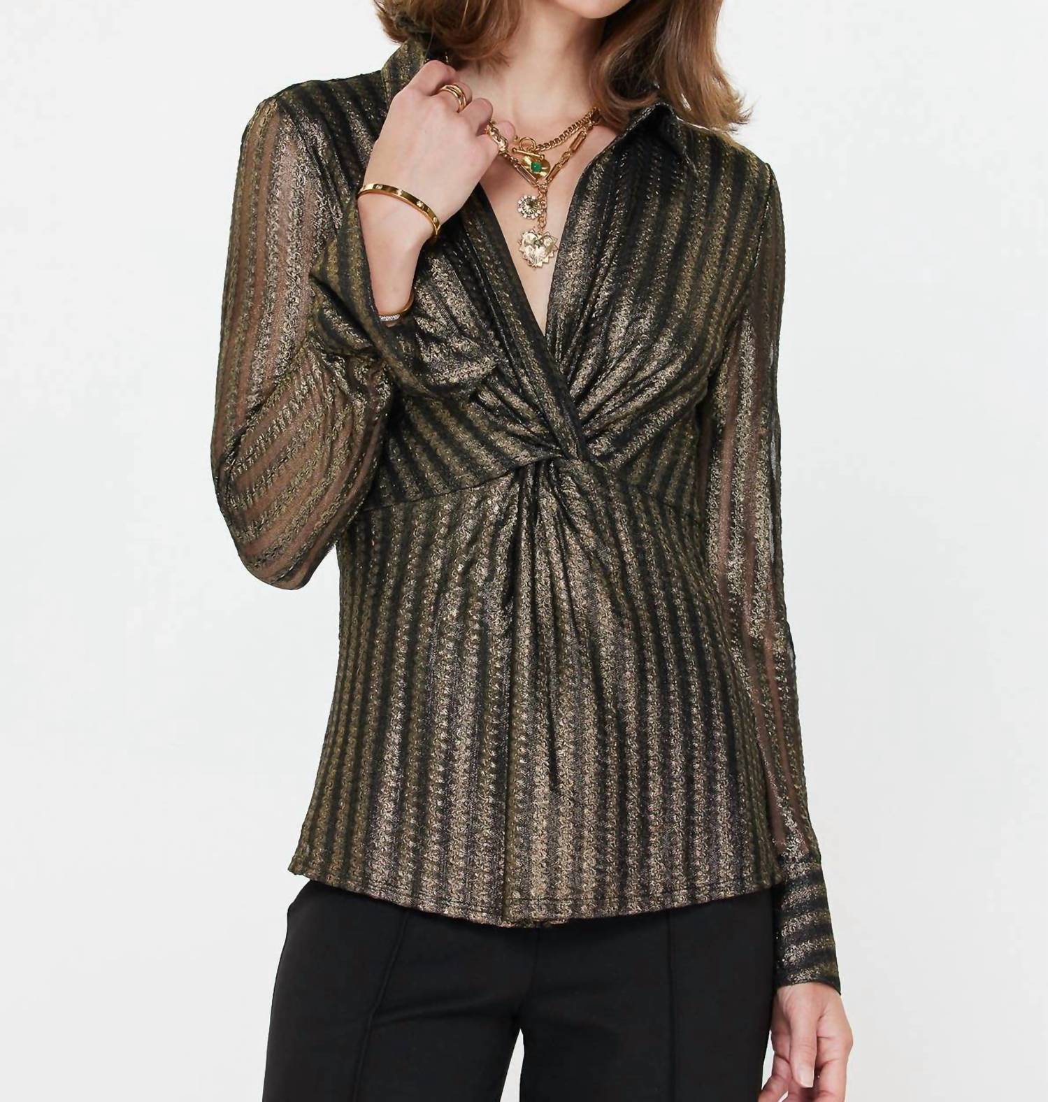 Current Air - Metallic Striped Twist-front Blouse