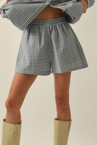 PROMESA Plaid Textured Seersucker Wide-leg Pocket Shorts in chambray - women's shorts