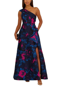 Adrianna Papell - One-shoulder Floral Jacquard A-line Gown