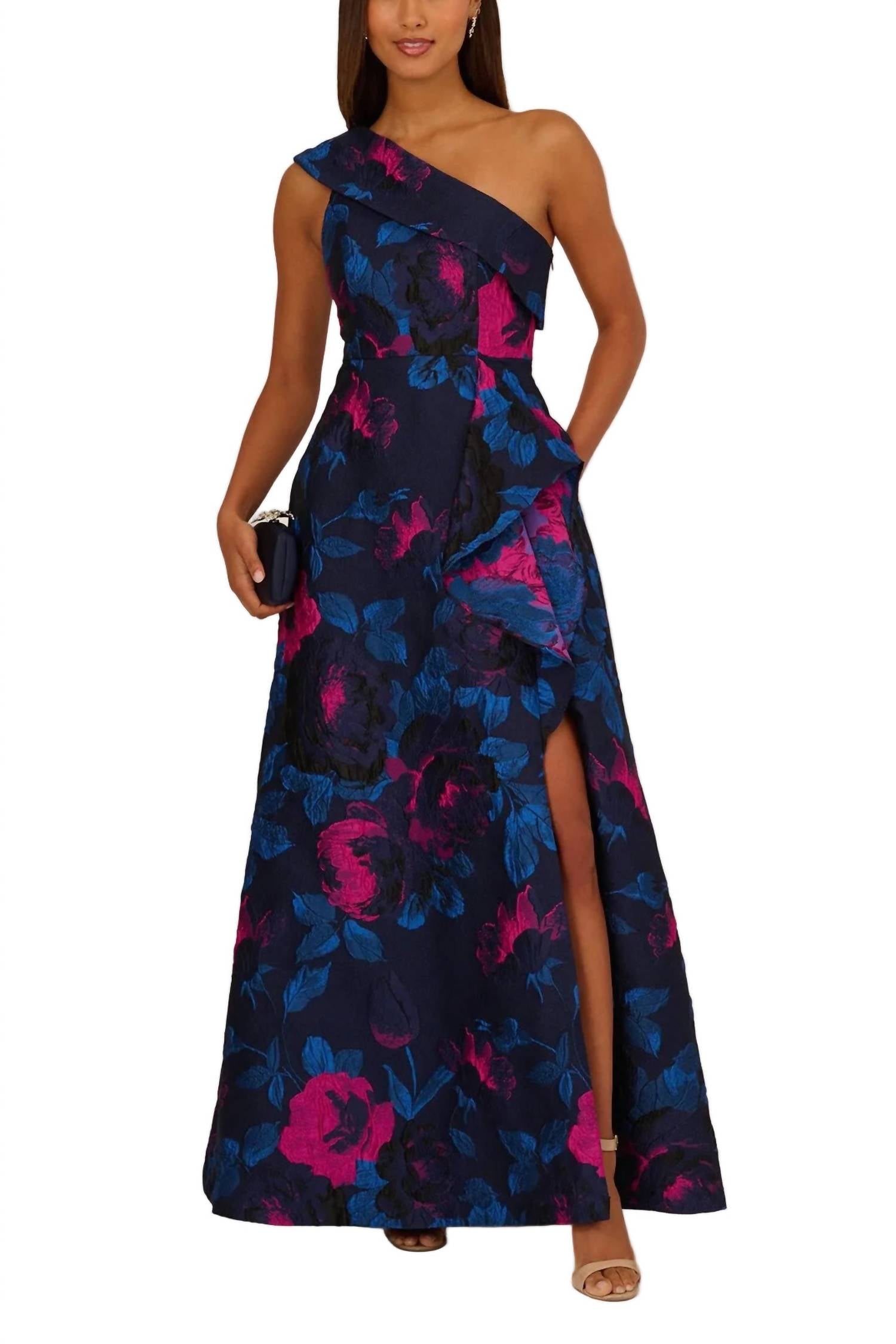 Adrianna Papell - One-shoulder Floral Jacquard A-line Gown