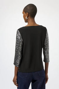 Joseph Ribkoff Sequined Cowl Neck 3/4 Sleeves Straight Top in black silver - women's blouse - detail view