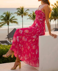 Ina Fashion - Lourdes Floral Bustier Pleated Maxi Dress