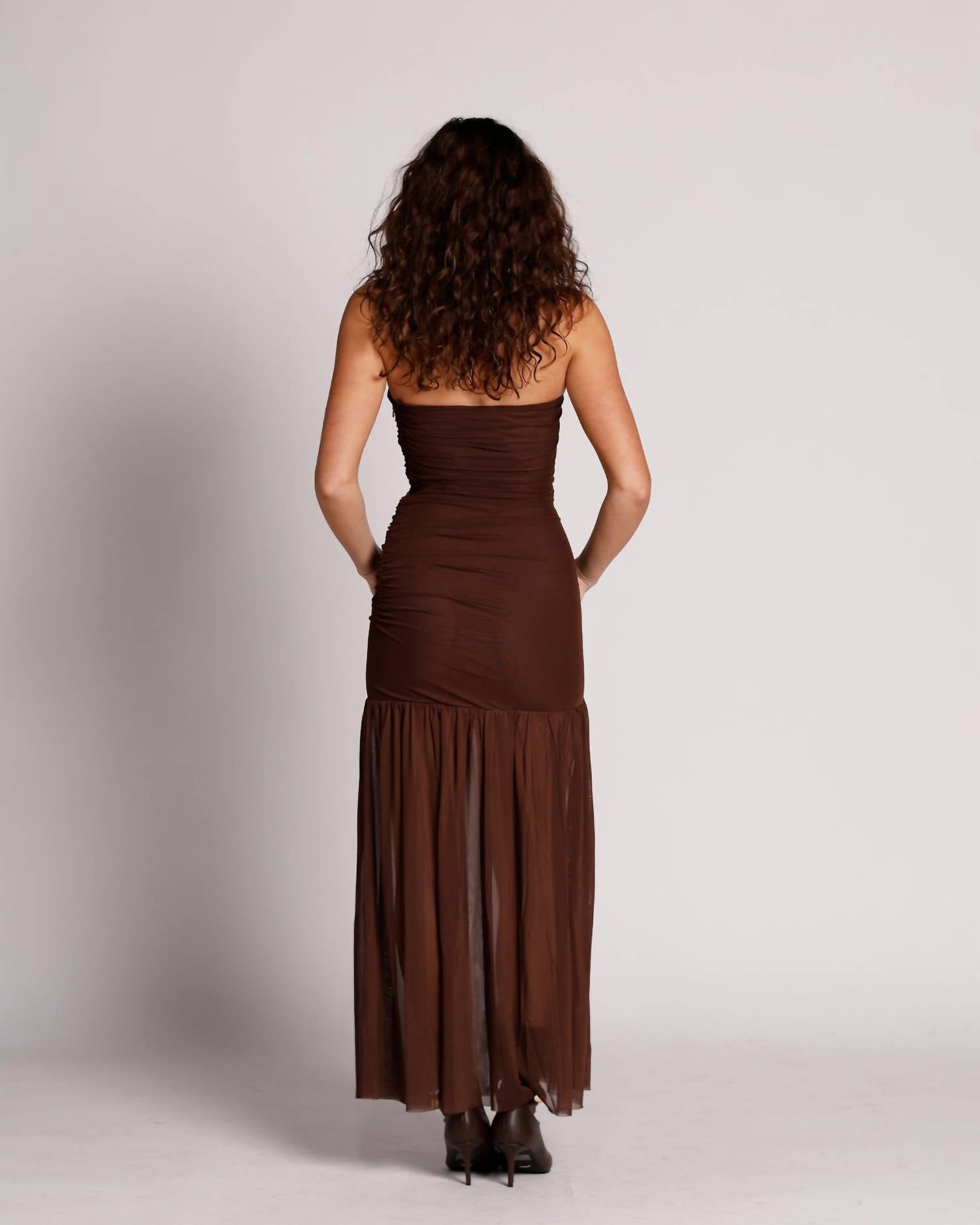 NIA Nola Shirred Strapless Mesh Maxi Dress in espresso brown - women's dress - detail view