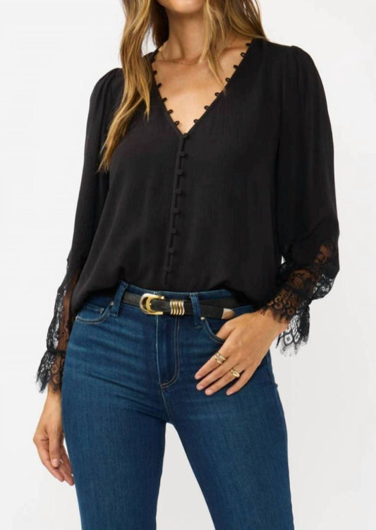 Lovestitch - Lace Cuff V-neck Button Blouse