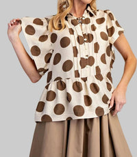 Easel - Polka Dots Button Down Ruffle Top