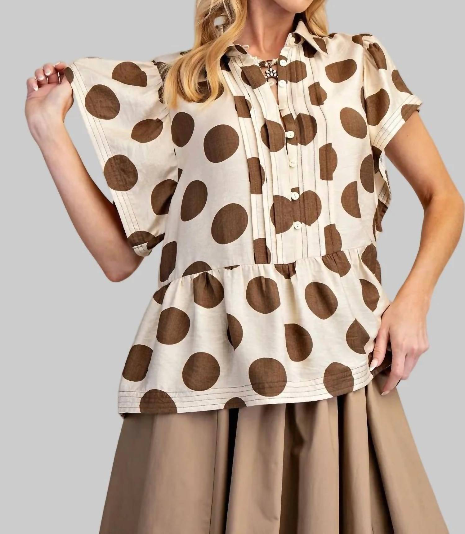 Easel - Polka Dots Button Down Ruffle Top