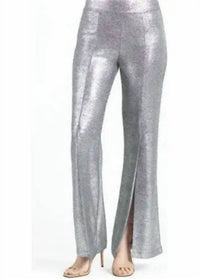 Clara Sun Woo Shimmer Stretch Knit Kick Front Pull On Pant With Center Split in silver - women's pants