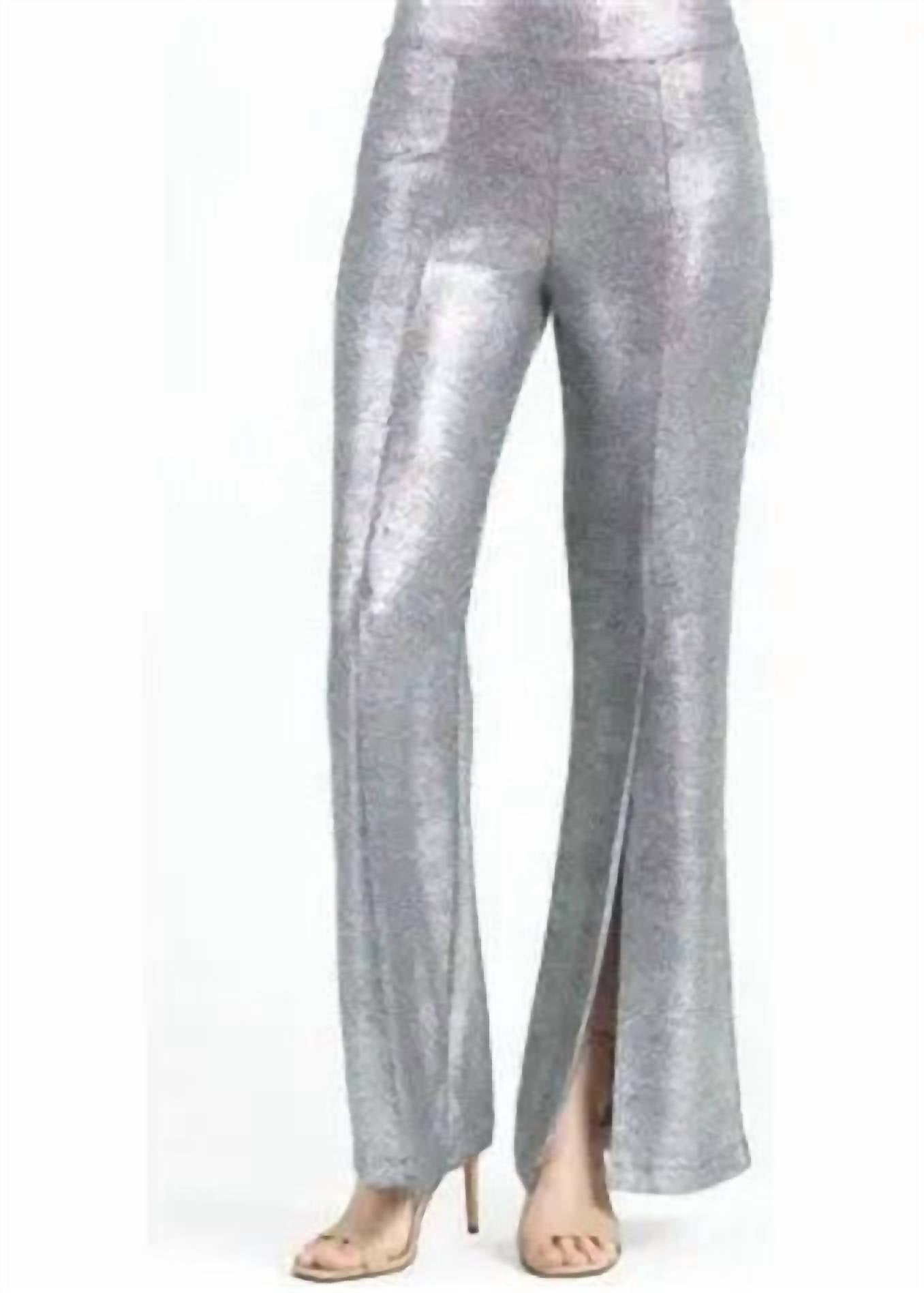 Clara Sun Woo Shimmer Stretch Knit Kick Front Pull On Pant With Center Split in silver - women's pants