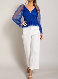 V Neck Mesh Dot Sleeve Blouse
