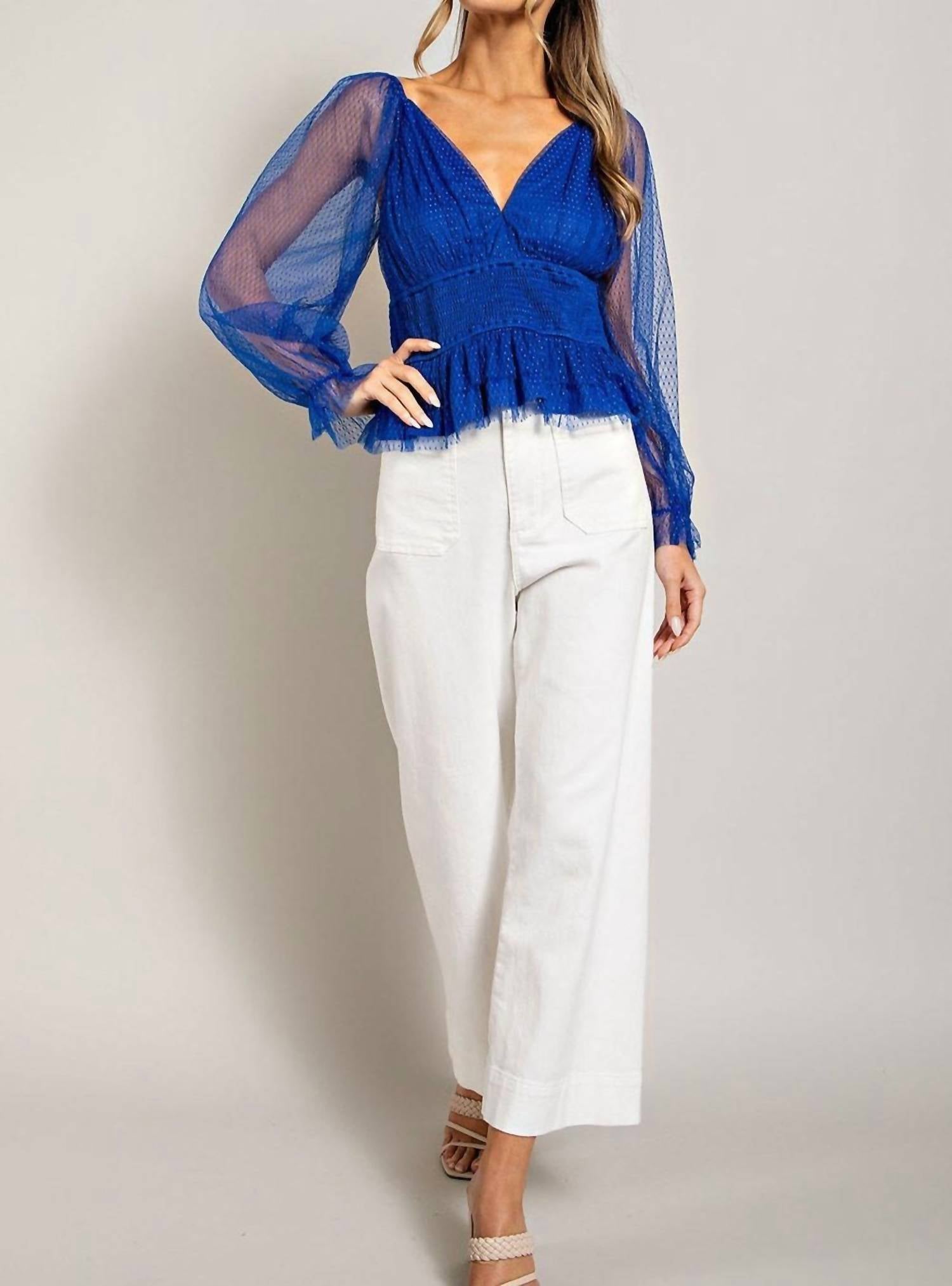 V Neck Mesh Dot Sleeve Blouse