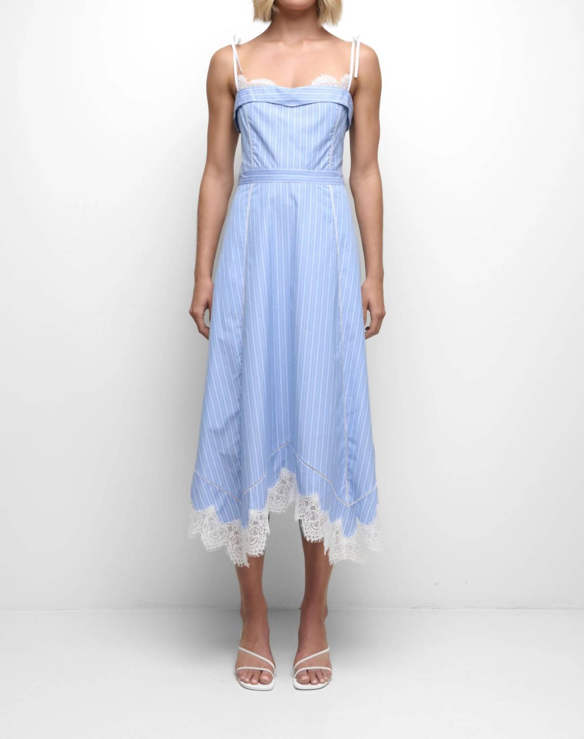 Simkhai Avaleigh Oxford Striped Lace Trim Midi Dress