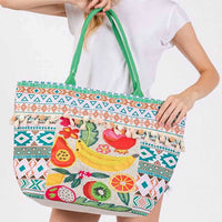 3Am By H&D Accessories - Women's Fruit Boho Print Pom Pom Fringe Tote Bag